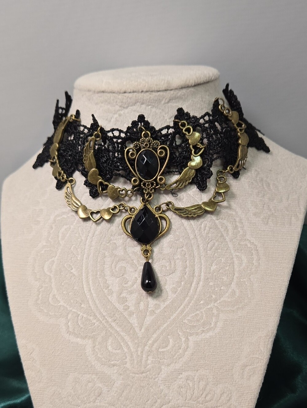 Gothic Victorian Lace Choker Black Gem Steampunk Lolita Vampire Necklace Hearts - Picture 2 of 5